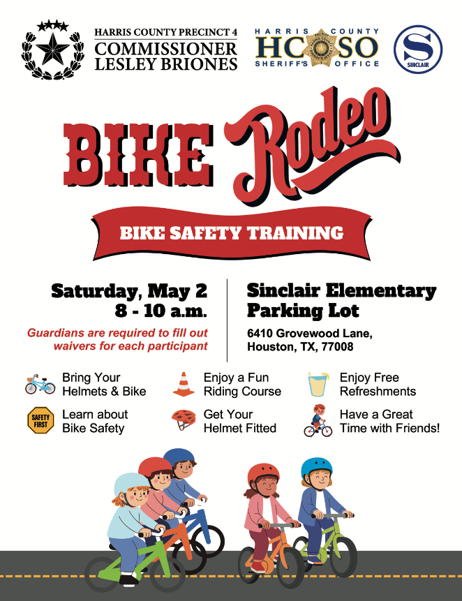 HCSO_Parks's tweet photo. Join us for a Free Bike Rodeo!
 Saturday, May 2, 2026 | 8:00 AM – 10:00 AM
 Sinclair Elementary School
6410 Grovewood Ln, Houston, TX 77008
Bring your bike and helmet for family fun and bike safety! https://t.co/qYiiY8cYtV