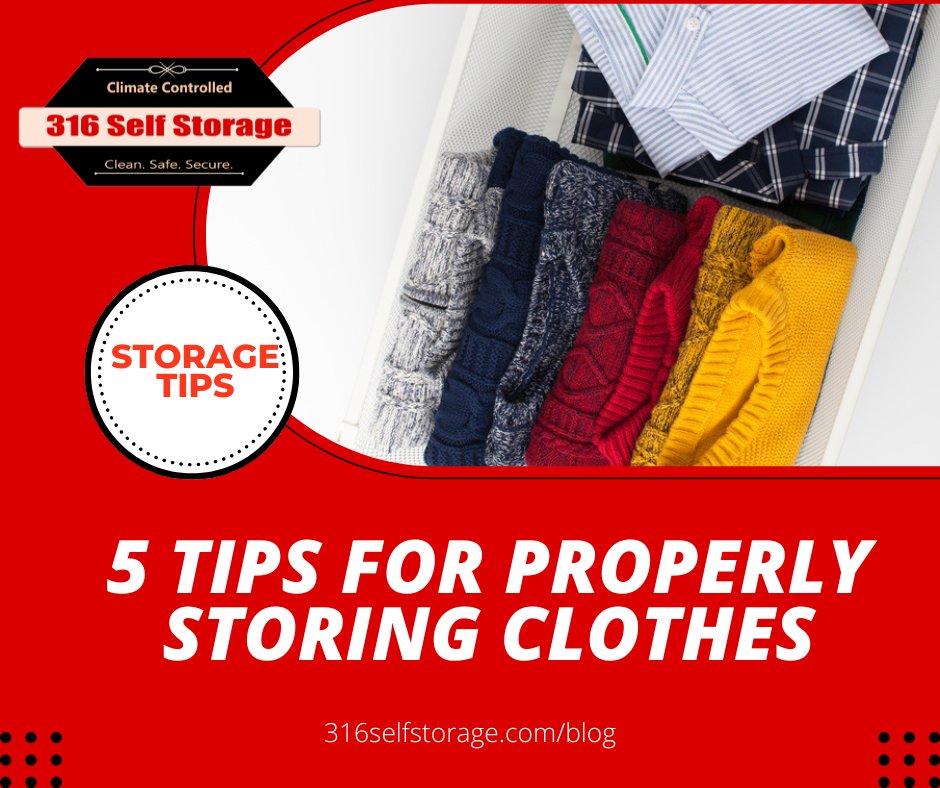 316SelfStorage's tweet image. Ready to pack up those winter clothes? Summer is near, and putting away those bulky sweaters and coats can really save on space in closets and drawers. Here are some tips on how to properly store your clothes. bit.ly/3xxaM7K #316SelfStorage #storage #storagetips