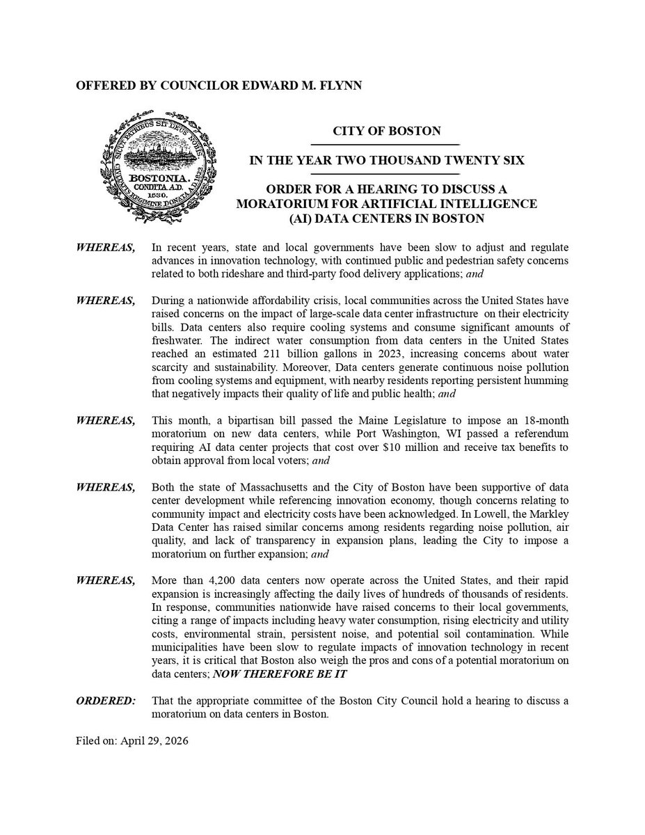 EdforBoston's tweet image. Government has been slow to regulate emerging technology. While we want to lead &amp;amp; grow economy, municipalities across the US also have concerns on AI data centers (electricity bills, water used, noise). We must exercise transparency on impacts to jobs, utilities &amp;amp; more. #bospoli