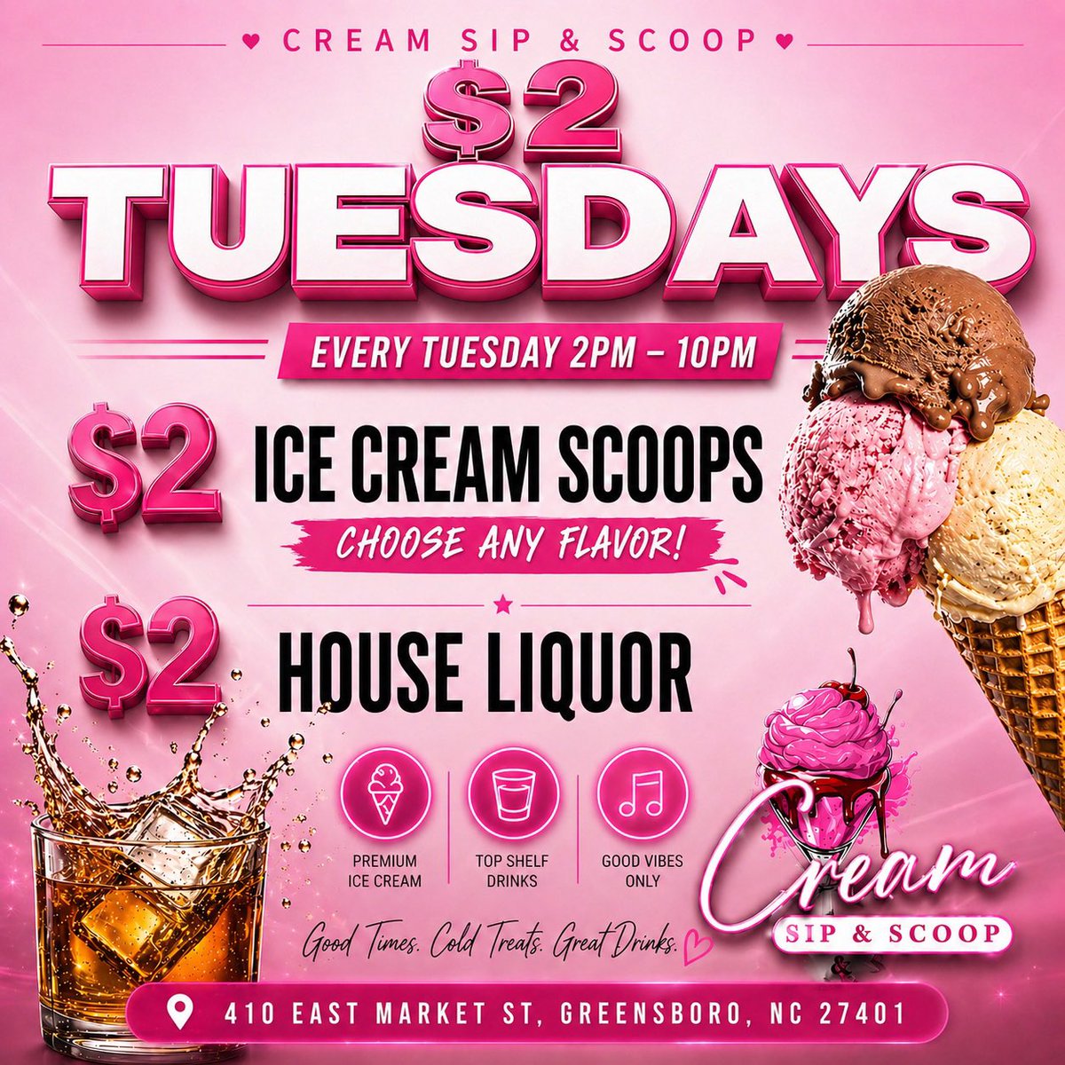 Badd2_ThaBoNe's tweet photo. 2 Tuesday is HERE 🎉🍦🥃

Pull up and treat yourself!
$2 Ice Cream Scoops + $2 Shots all day 😍

Because Tuesdays should never be boring 💃🏽✨
Good vibes, sweet treats, and your favorite drinks waiting on you!

Tag your crew &amp; meet us there! 🔥 #2Tuesday #IceCreamAndShots https://t.co/CsrYUlWLRM