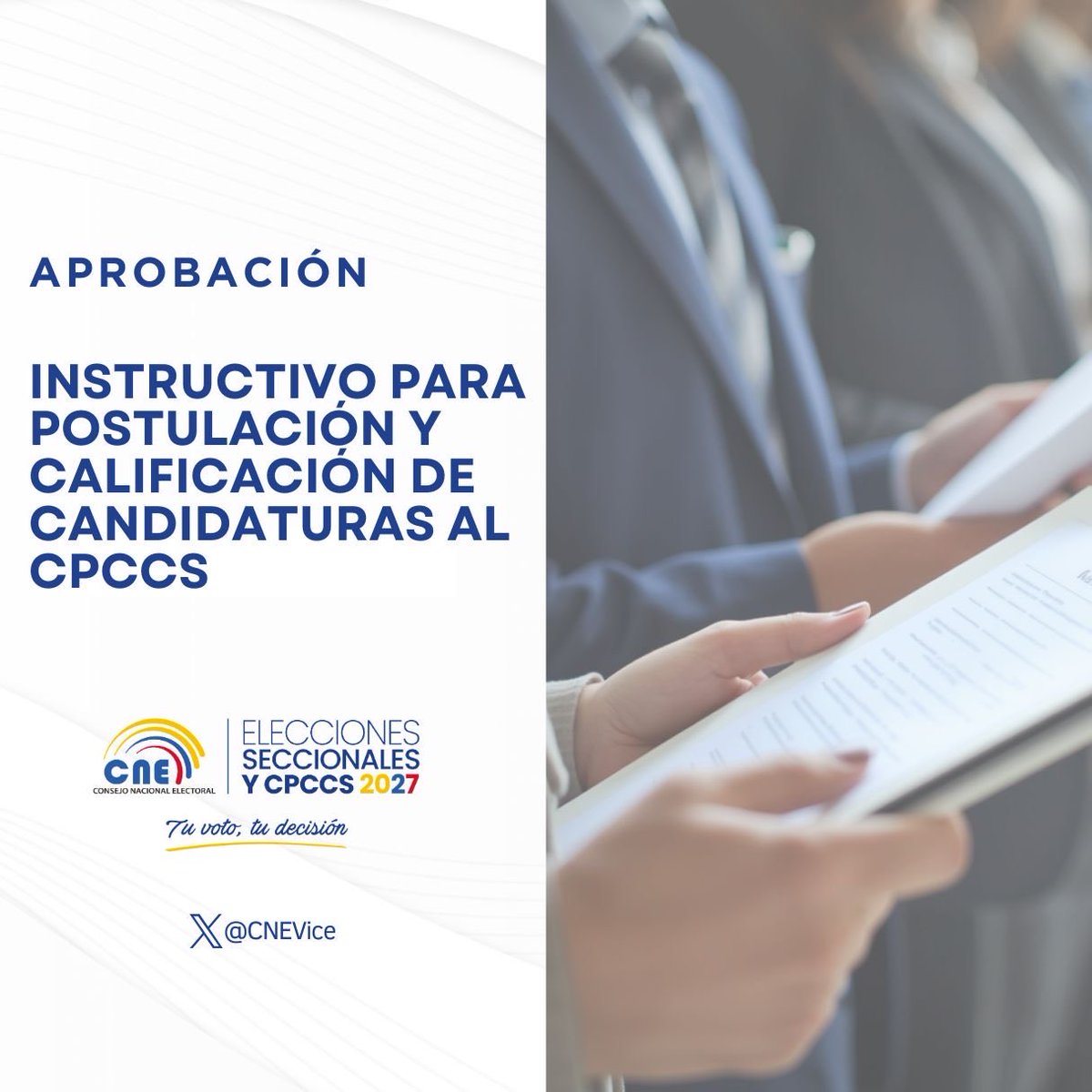 El #PlenoCNE aprobó el Instructivo para la Postulación y Calificación de Candidaturas al #CPCCS, conforme a lo establecido en el #CalendarioElectoralEc.

Este documento define los requisitos y etapas del proceso.

Descargue el instructivo aquí: ⤵️
transfernow.net/dl/20260428c9o…