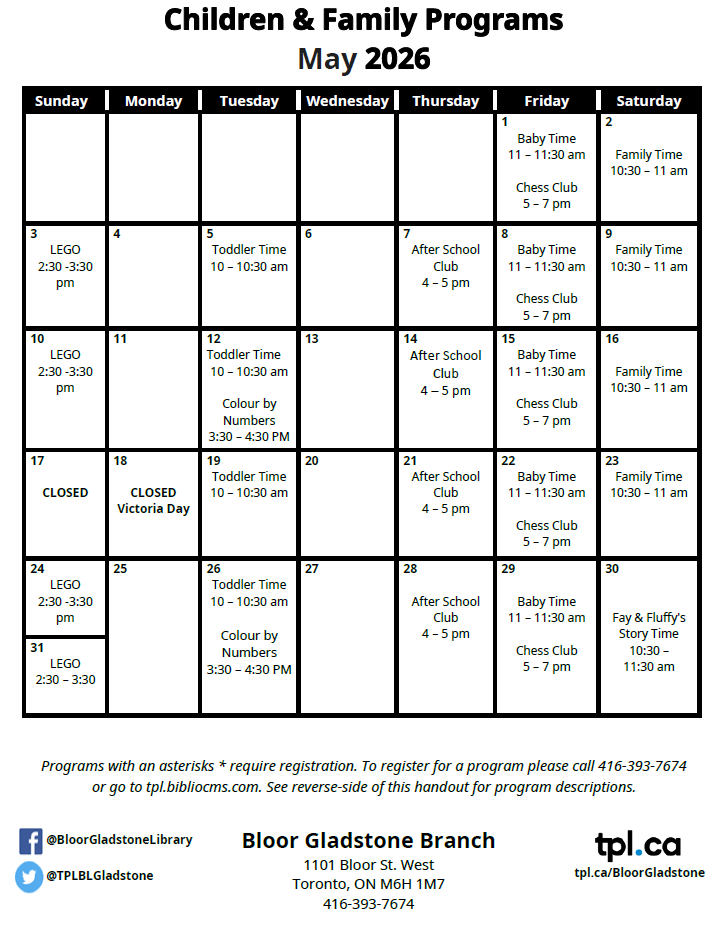 TPLBLGladstone's tweet photo. The Bloor/Gladstone Branch May program calendars are ready! Swing by the library to pick up a copy and check out all the exciting events happening this May 📅 https://t.co/3uU3YA74ok