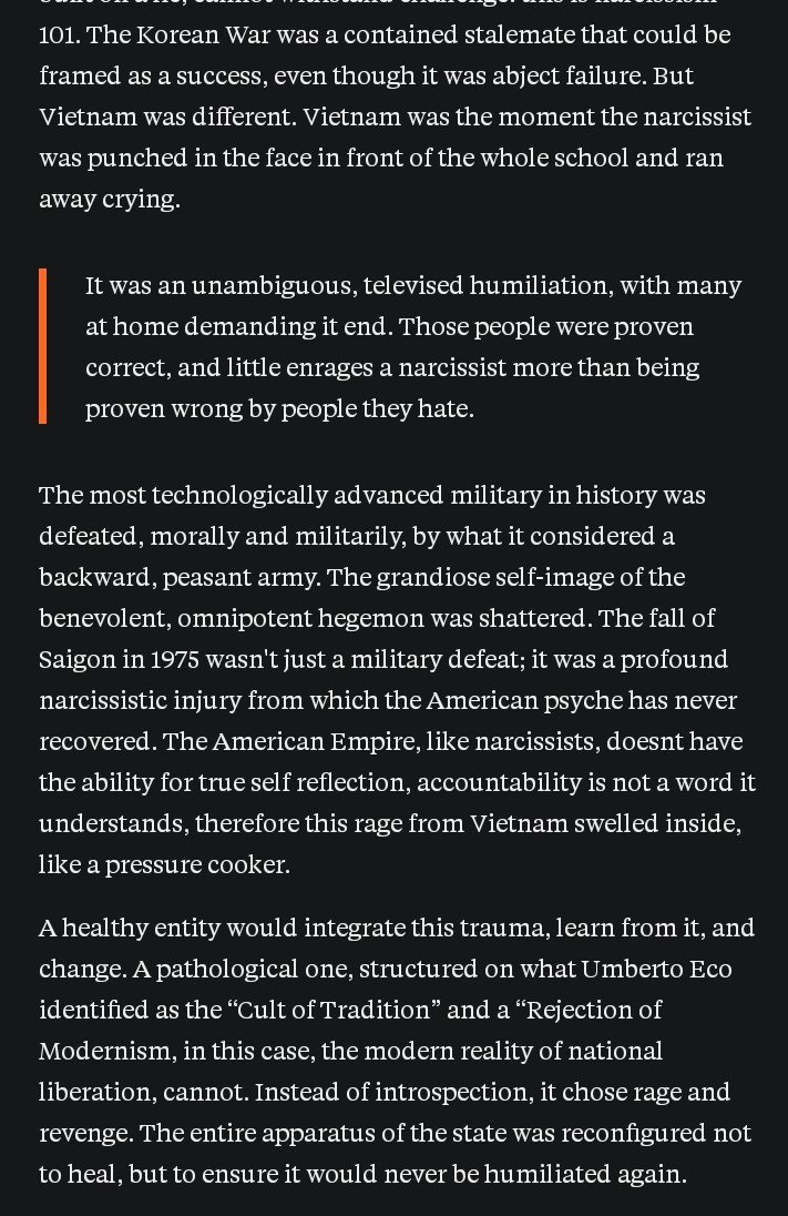 TedrosGottaGo's tweet image. I talk about how the American War was a state level narcissistic injury for the US in here: Vietnam was the moment the American narcissistic empire was punched in the face in front of the whole school and ran away crying

open.substack.com/pub/mattaboutt…