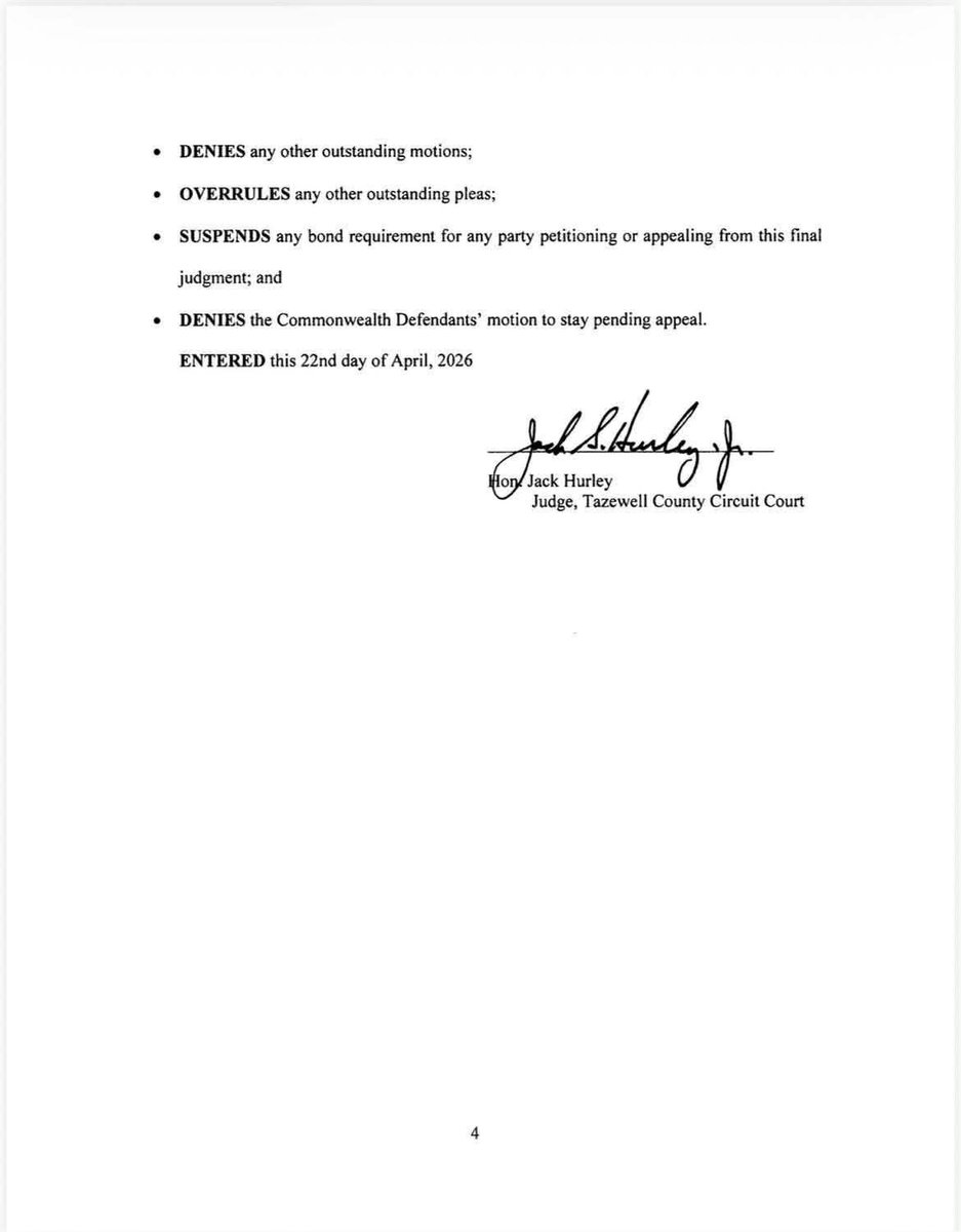 WrenWilliamsVA's tweet photo. Basically, Jones asked SCOVA to allow the election process to go forward while we litigate. He asked to lift the 4/22 Tazewell injunction, attached.

This is the crushing Order that barred certification of the election, and declared it unconstitutional from the start, even found ballot language shameful. 

Today though, SCOVA simply denied the Jones’ motion, and the underlying 4/22 Tazewell injunction barring the certification of the election stands and remains in full effect.

Now Dems are left with their appeal to SCOVA, and a special election that’s stopped dead in its tracks.