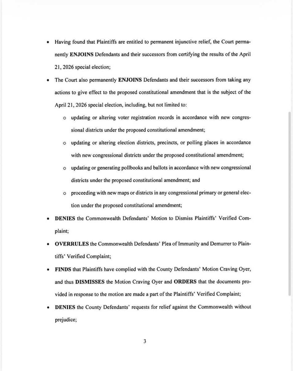 WrenWilliamsVA's tweet photo. Basically, Jones asked SCOVA to allow the election process to go forward while we litigate. He asked to lift the 4/22 Tazewell injunction, attached.

This is the crushing Order that barred certification of the election, and declared it unconstitutional from the start, even found ballot language shameful. 

Today though, SCOVA simply denied the Jones’ motion, and the underlying 4/22 Tazewell injunction barring the certification of the election stands and remains in full effect.

Now Dems are left with their appeal to SCOVA, and a special election that’s stopped dead in its tracks.