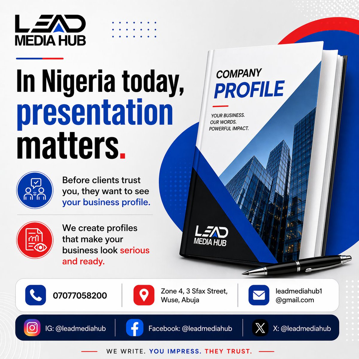 leadMedia_Hub's tweet image. Make your first impression count. A strong company profile builds trust, attracts clients, and positions your business for real opportunities.

#BusinessGrowth #CompanyProfile #BrandingMatters #NigeriaBusiness #ProfessionalImage #LeadMediaHub #BusinessSuccess