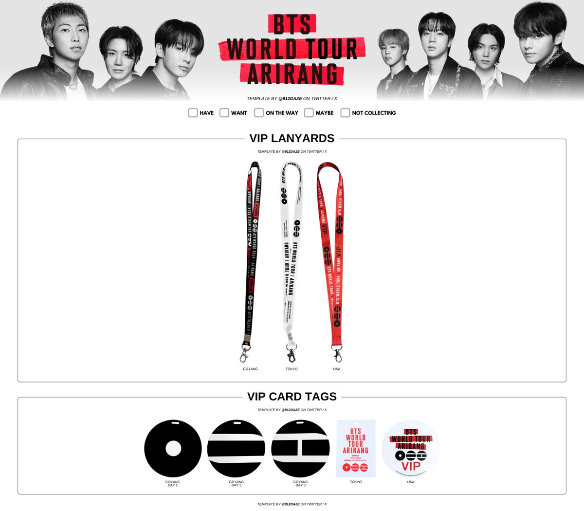Updated the ARIRANG Tour PCs and new VIP Lanyard Tags template!

Thank you <a href="/springitae/">beacegs ⊙⊝⊜</a>, <a href="/_mintoo_v/">mintoo the Sun ·͜·</a>, <a href="/NevermindSeen/">Nevermind⁷ ᴬᴿᴵᴿᴬᴺᴳ 💜</a>, <a href="/btsrealtalk/">useyourbrainfirst</a>, <a href="/takemetobbt/">future's gonna be okay</a> for contributing photos 🥰