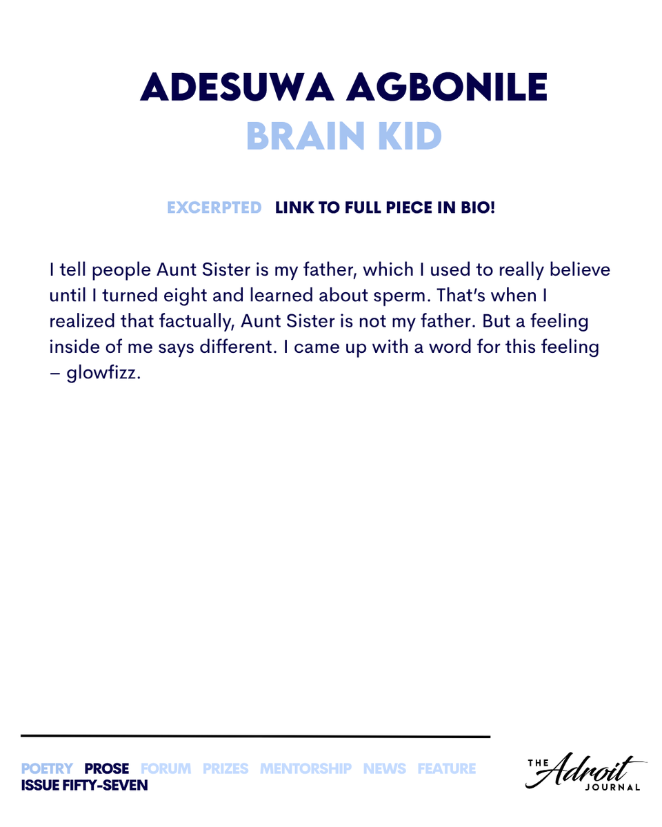 adroitjournal's tweet photo. A whiz kid faces facts and felt truths in Adesuwa Agbonile’s kinetic short story “Brain Kid,” which earned her a 2026 Veasna So Scholarship! Read it in full, along with the rest of Issue Fifty-Seven, at the link in our bio. https://t.co/OGjngQqVu1