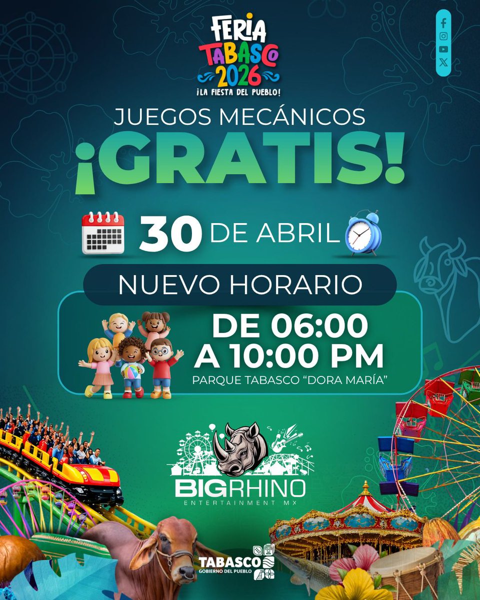 agendasetting1's tweet image. El @Gobdetabasco informa que debido a las altas temperaturas en #Villahermosa y para cuidar de nuestros niños y niñas, se ha cambiado el horario para los juegos #gratis.

Nuevo horario: 30 de abril de 06 a 10 pm, niños menores de 12 años. #Tabasco #feriatabasco