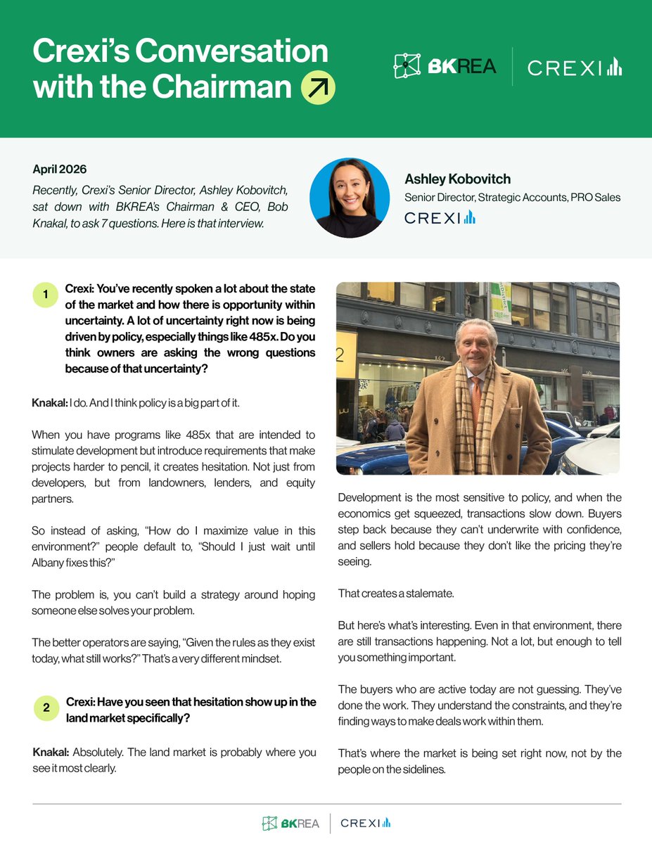 BobKnakal's tweet photo. Recently, I sat down with @AshleyKobovitch from Crexi for a wide-ranging discussion on today’s market, policy-driven uncertainty, and where real opportunity actually exists.

First, credit to @CREXinc for continuing to create transparency in the market and for asking the right questions. Platforms like theirs are helping shrink inefficiencies and bring better data to owners, investors, and brokers alike.

One of things we discussed is this:
In uncertain markets, most people ask, “Should I wait?”

The better operators ask, “Given the rules as they exist today, what still works?”

We are seeing hesitation, especially in the land market, where policy like 485x has made underwriting more difficult. That hesitation creates a stalemate. But even in that environment, deals are getting done. And those deals are setting the market.

Another important point:
Waiting is not a neutral decision.

When you wait, you are giving up control and making your outcome dependent on external factors like legislation, interest rates, and capital markets. Meanwhile, the market keeps moving.

There is always a path to creating value. It just may not be the same path that worked two years ago.

If you are an owner, developer, or investor trying to navigate today’s market, I think you will find this conversation valuable.

Read more here: https://t.co/leHECSgwBb