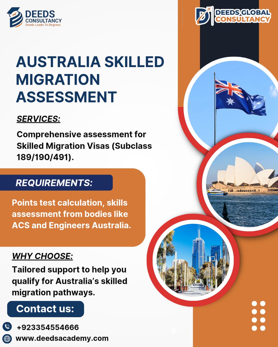 deedsconsult's tweet image. 👩‍💻 Looking to migrate to Australia? We provide skills assessment, points test calculation,full visa support to help you qualify for Australia's #skilledmigration pathways. 
 #AustraliaMigration #DeedsConsultancy #OnlineDeedsAcademy #ImmigrationServices  #TopImmigrationConsultancy