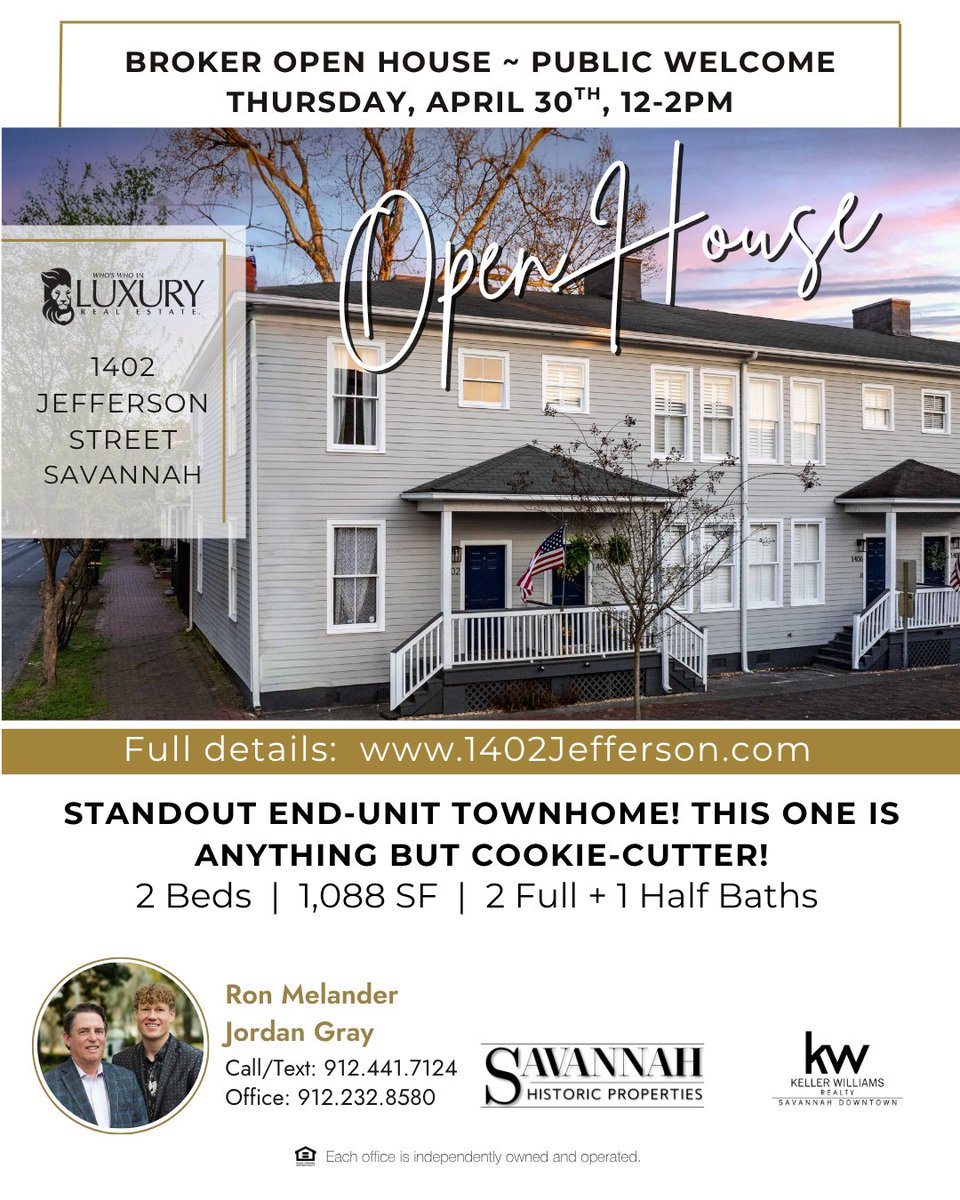 RonMelander's tweet photo. ✨ BROKER OPEN HOUSE ~ PUBLIC WELCOME ~ THURSDAY, 4/30, 12-2PM ✨
📍 1402 Jefferson St, Savannah
Bold, bright, and anything but cookie-cutter—this end-unit Savannah townhouse is a standout from the moment you walk inside. 
✨ Full details: https://t.co/9Rq8yQeqIF https://t.co/7to40dC4B4