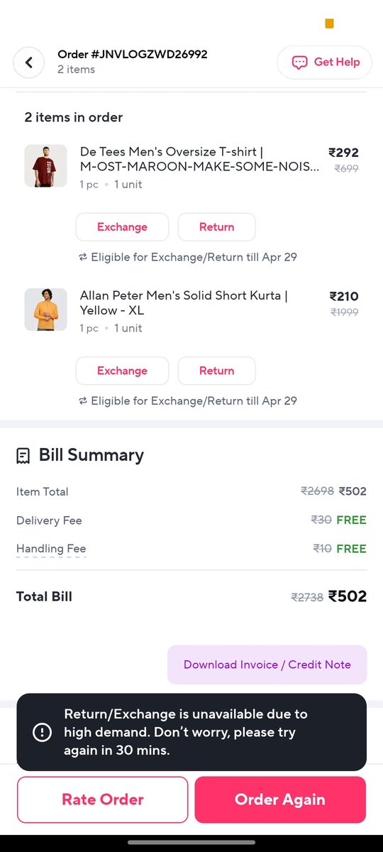 BareBitterTruth's tweet photo. @ZeptoNow I ordered a Tshirt and short kurta from Zepto. Found their fabric not cotton. Tried returning them yesterday, app showed return window till 29th &amp; dint work due to traffic issues (screenshot attached). Today, return option is gone and chat support says we can't help. https://t.co/XXgcsVjjms