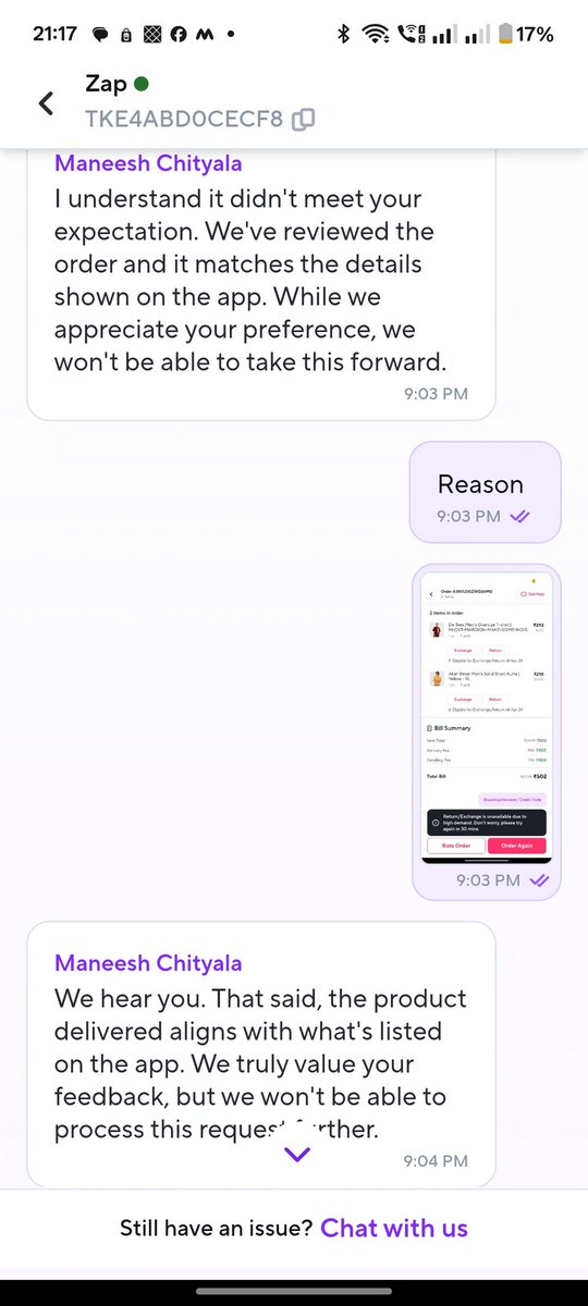 BareBitterTruth's tweet photo. @ZeptoNow I ordered a Tshirt and short kurta from Zepto. Found their fabric not cotton. Tried returning them yesterday, app showed return window till 29th &amp; dint work due to traffic issues (screenshot attached). Today, return option is gone and chat support says we can't help. https://t.co/XXgcsVjjms