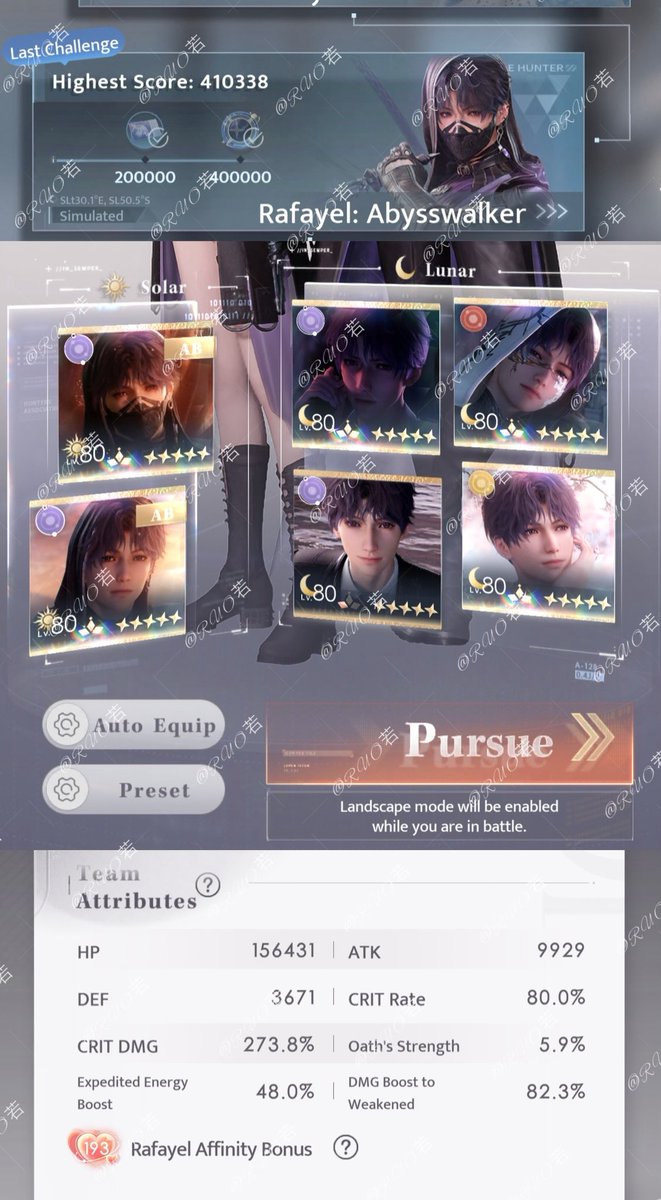 ruotsuki's tweet image. Finally cleared up Rafayel Abysswalker endless challenge with @ziifiction tips.

Turned out my rotation is also an issue, as I review my ownself 🤣 welcome to the parteeyyy Abysswalker.

#LoveandDeepspace #恋与深空 #恋と深空