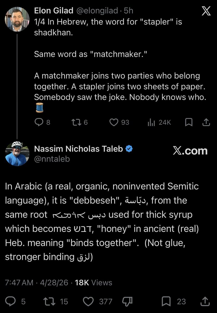 NNT: Arabic is an authentic Semitic language because it uses an Aramaic root for stapler
HOWEVER 
Modern Hebrew is a fake Semitic language because it uses an Aramaic root for stapler