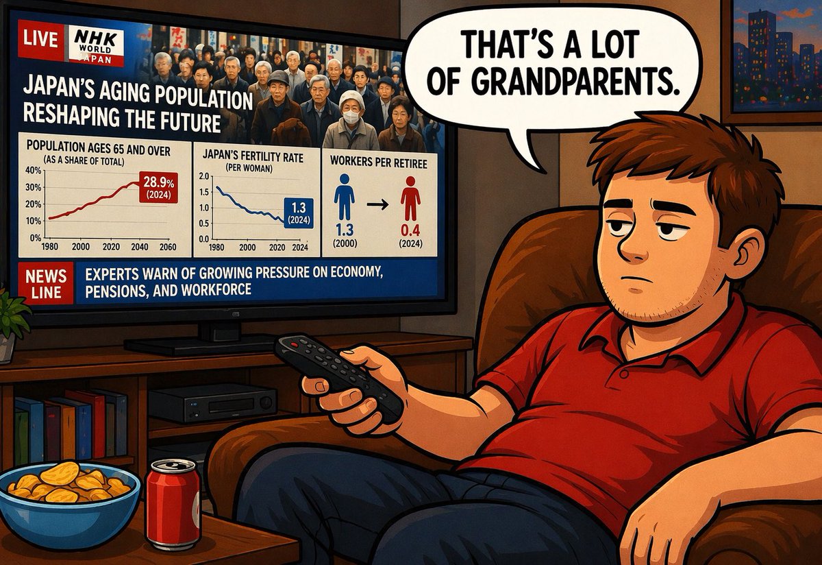 weekinchaos's tweet image. Japan 1950: big base of workers. Small group of retirees. Math works.
Japan now: 30% over 65. Fertility rate 1.3. Debt 232% of GDP.
Same pyramid. Different math.
We’re all couch guy. 🛋️

#Japan #aging #demographics #debt #economy #macro #financialhistory #pension #shrinkonomics