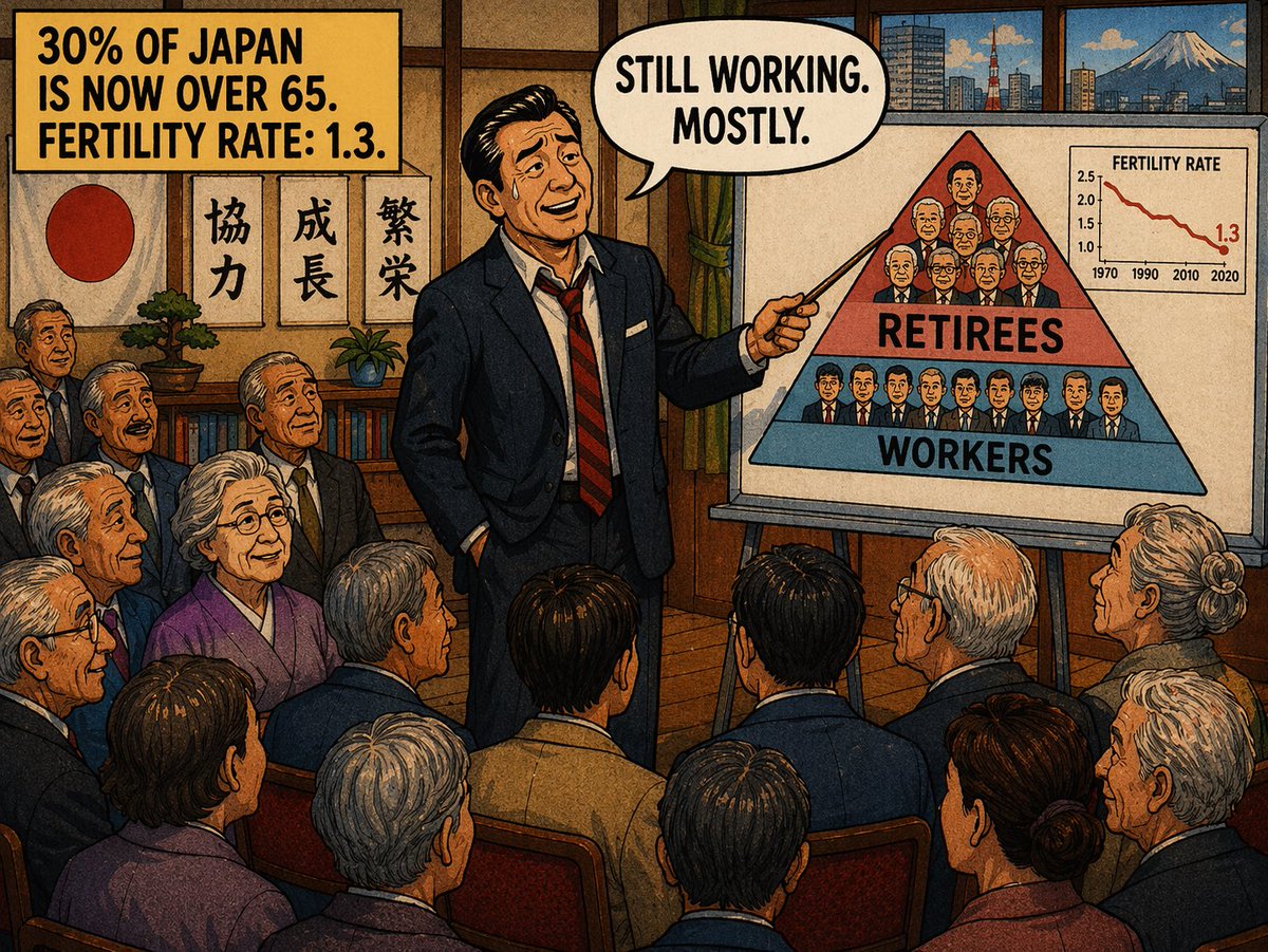 weekinchaos's tweet image. Japan 1950: big base of workers. Small group of retirees. Math works.
Japan now: 30% over 65. Fertility rate 1.3. Debt 232% of GDP.
Same pyramid. Different math.
We’re all couch guy. 🛋️

#Japan #aging #demographics #debt #economy #macro #financialhistory #pension #shrinkonomics