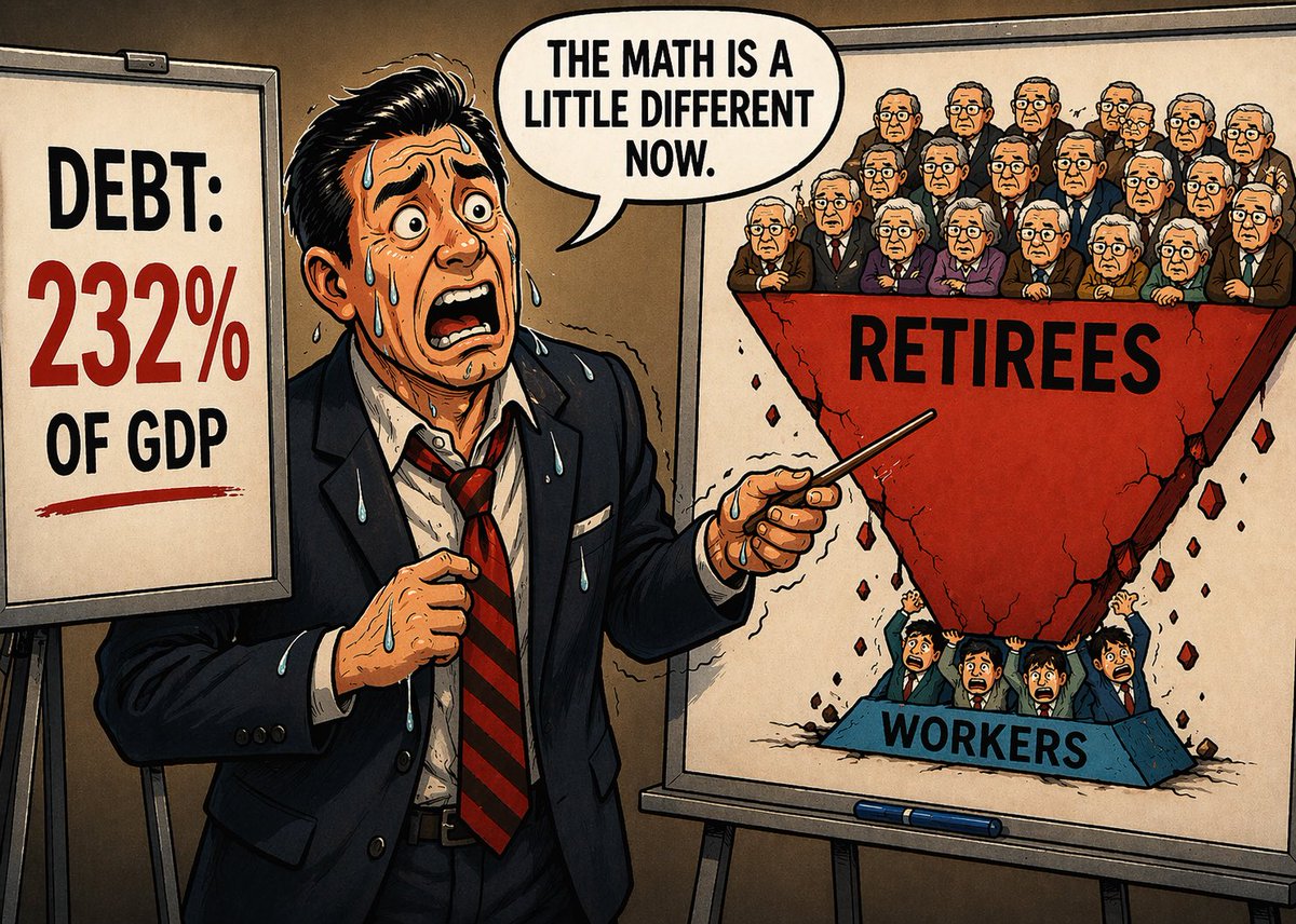 weekinchaos's tweet image. Japan 1950: big base of workers. Small group of retirees. Math works.
Japan now: 30% over 65. Fertility rate 1.3. Debt 232% of GDP.
Same pyramid. Different math.
We’re all couch guy. 🛋️

#Japan #aging #demographics #debt #economy #macro #financialhistory #pension #shrinkonomics