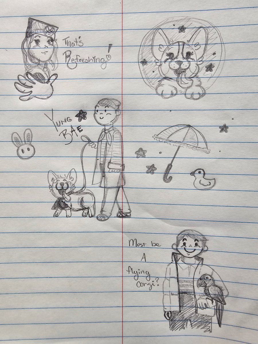 streakydesign's tweet photo. Lunchtime doodles of @yungbae album art with some bits here n there and a corgi. https://t.co/LIXwRESTDf
