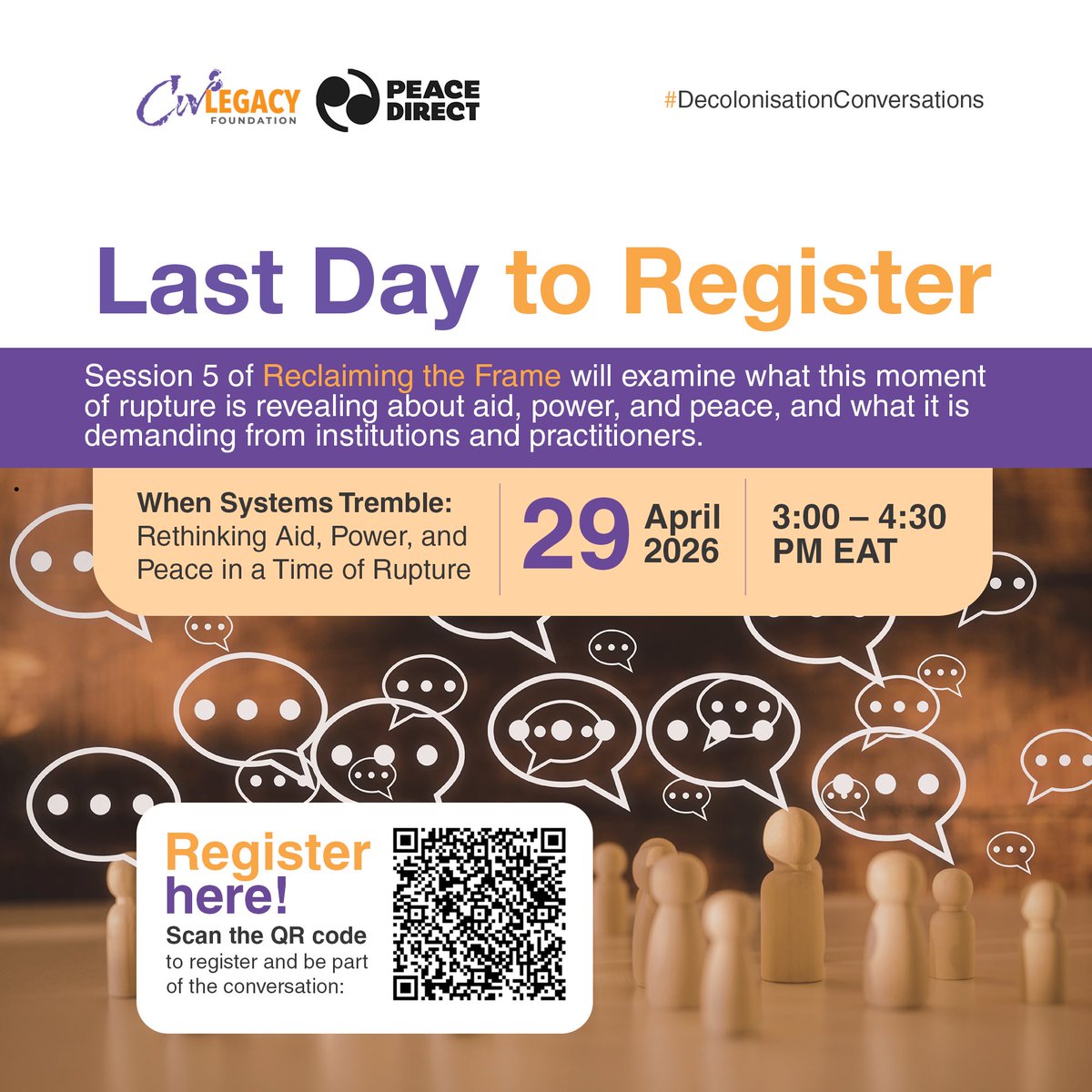 CivLegacy_F's tweet photo. 📌Last day to register.

Session 5 of Reclaiming the Frame explores aid, power, peace, and what this moment demands.

📍Online
📆29 April 2026
⏰3:00–4:30 PM EAT

🔗 https://t.co/c8VR3MTvx6

@peacedirect 

#DecolonisationConversations https://t.co/xS6SGOQyEn