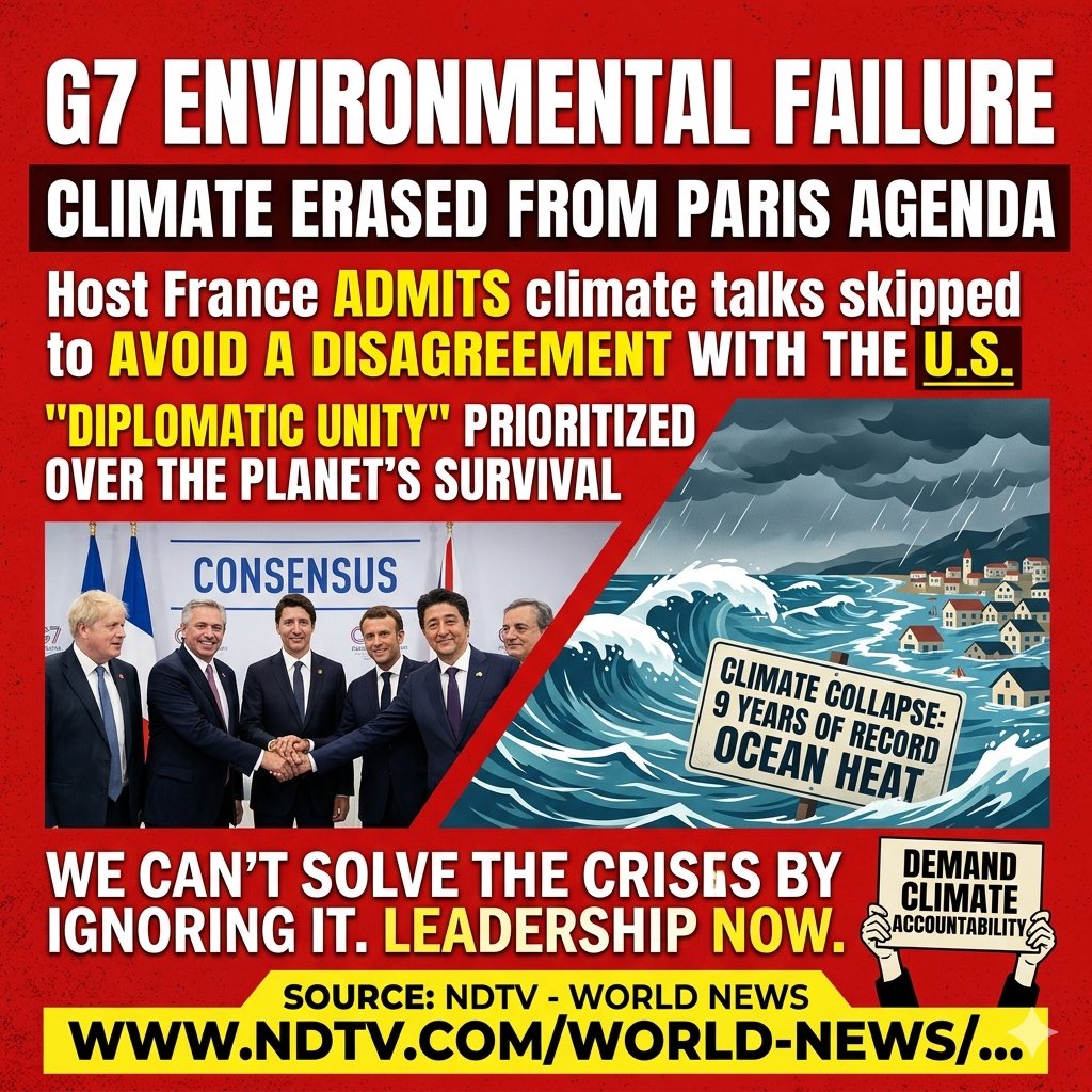 Fepad2025's tweet image. The G7 has scrubbed #ClimateChange from its environmental agenda to avoid a row with the U.S. 📉 Diplomacy is being prioritized over the planet’s survival. We can't solve the crisis by ignoring it. Accountability is needed NOW.  
🔗 ndtv.com/world-news/g7-…
#G7 #ClimateCrisis