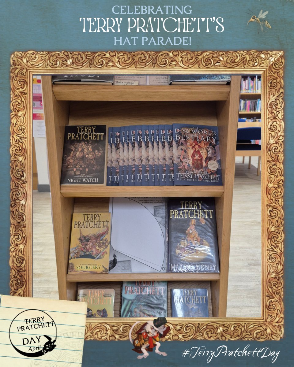 Hill_libraries's tweet photo. Celebrate #TerryPratchettDay with Ickenham Library by browsing his wonderful books, designing your own hat for Terry Pratchett's Hat Parade and picking up a sample of The Discworld Bestiary and a sticker sheet while stocks last https://t.co/8C29y36RTK