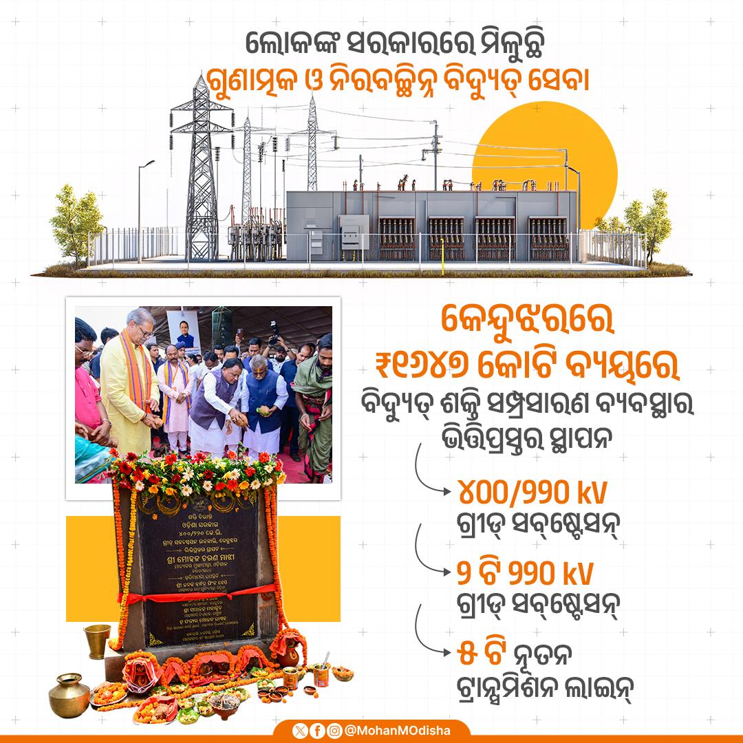 MohanMOdisha's tweet photo. ଲୋକଙ୍କ ସରକାର ସୁନିଶ୍ଚିତ ହେଉଛି ଉନ୍ନତ ଭିତ୍ତିଭୂମି ଓ ସୁଦୃଢ଼ ହେଉଛି ଶକ୍ତି ବ୍ୟବସ୍ଥା । କେନ୍ଦୁଝର ଉଚ୍ଚବାଲି ଠାରେ ୪୦୦/୨୨୦ କେଭି ଗ୍ରୀଡ୍ ସବ୍‌ଷ୍ଟେସନ୍‌, ୨ଟି ୨୨୦ କେଭି ଗ୍ରୀଡ୍ ସବ୍‌ଷ୍ଟେସନ୍‌ ଓ ୫ଟି ନୂତନ ଟ୍ରାନ୍ସମିଶନ ଲାଇନର ଭିତ୍ତିପ୍ରସ୍ତର ସ୍ଥାପନ ହୋଇଛି ।
ବିଦ୍ୟୁତ୍ ସମ୍ପ୍ରସାରଣ କ୍ଷେତ୍ରରେ ଏହି ଐତିହାସିକ ପଦକ୍ଷେପ କେନ୍ଦୁଝର ଉନ୍ନତିକୁ ନୂତନ ଗତି ପ୍ରଦାନ କରିବ।