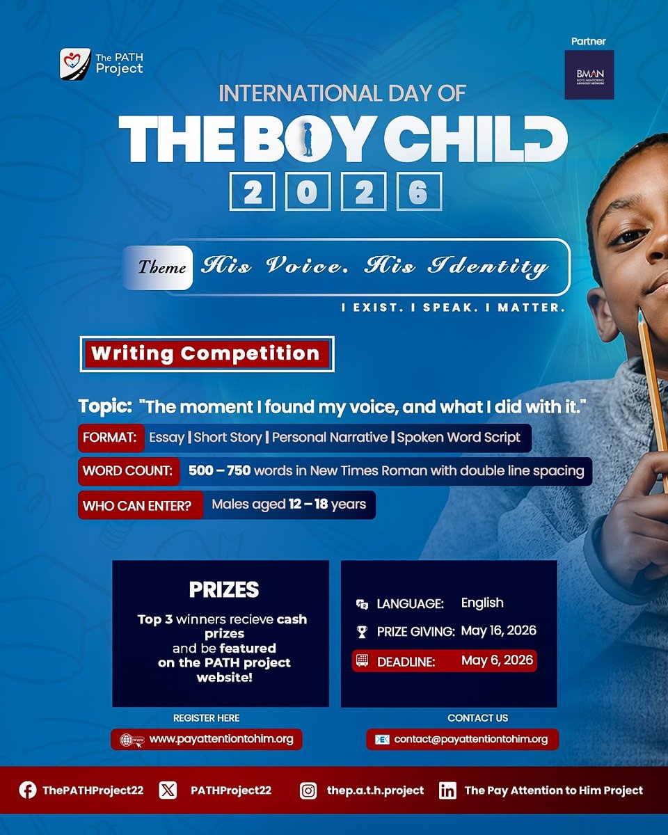 dahunsi_ola's tweet photo. IDBC 2026  is coming up and this time, we're providing a platform for boys to share their minds. 

@PATHProject22 has launched a writing competition 🔥.

Know a boy between 12 and 18, a parent or school? Forward this to them ✨

Link to register https://t.co/AK6qpTVhpT https://t.co/CYQB1umdMM