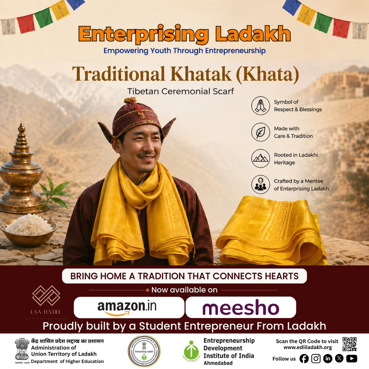 EntLadakh's tweet photo. Enterprising Ladakh marks a milestone as its mentee Ms. Tsering Disket, founder of Laa Textile, brings Ladakhi heritage to national markets with her traditional Khatak now available on https://t.co/x4PYza81EJ &amp; https://t.co/S1XaF39S9h

@lg_ladakh @ashishkundra https://t.co/YOmoIExJ3D