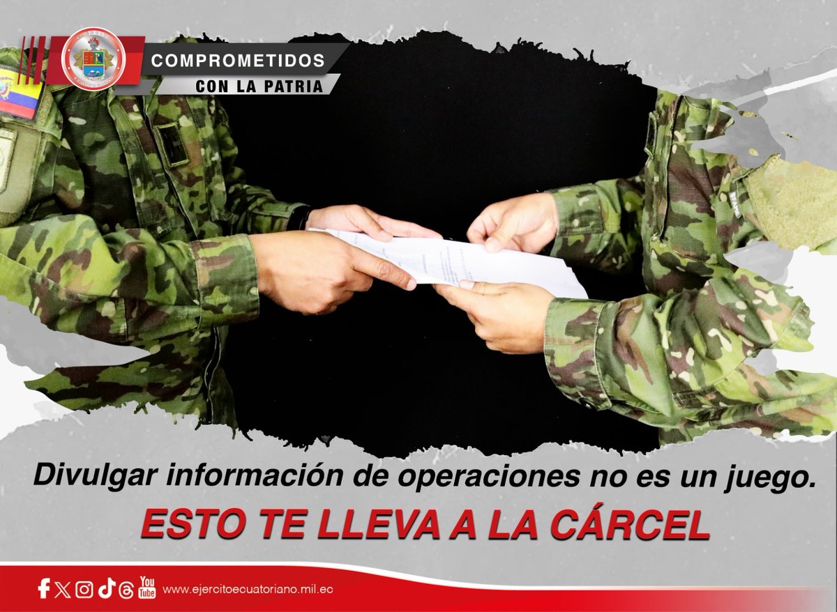 EjercitoECU's tweet photo. Lo que compartes puede comprometer misiones y poner vidas en riesgo.
La confidencialidad es un deber permanente, no una opción.
Cuidar la información es proteger a tu equipo, tu institución y tu futuro.🇪🇨
#EjércitoECU https://t.co/JdeqPOabkq