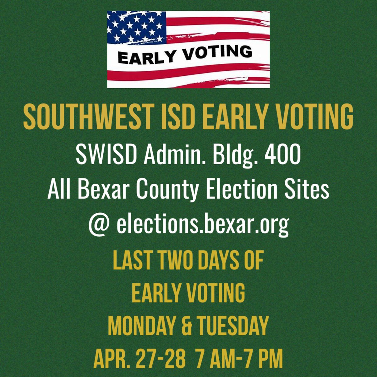 RGCA's tweet photo. Support the Incumbents James Gonzalez &amp; Jose “Joe” Diaz. Last day to vote Early is today 4/28/26. 
Polls Open until 7 p.m https://t.co/nEIx9wHnL2