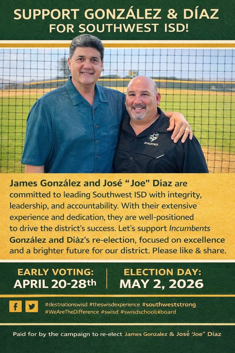 RGCA's tweet photo. Support the Incumbents James Gonzalez &amp; Jose “Joe” Diaz. Last day to vote Early is today 4/28/26. 
Polls Open until 7 p.m https://t.co/nEIx9wHnL2