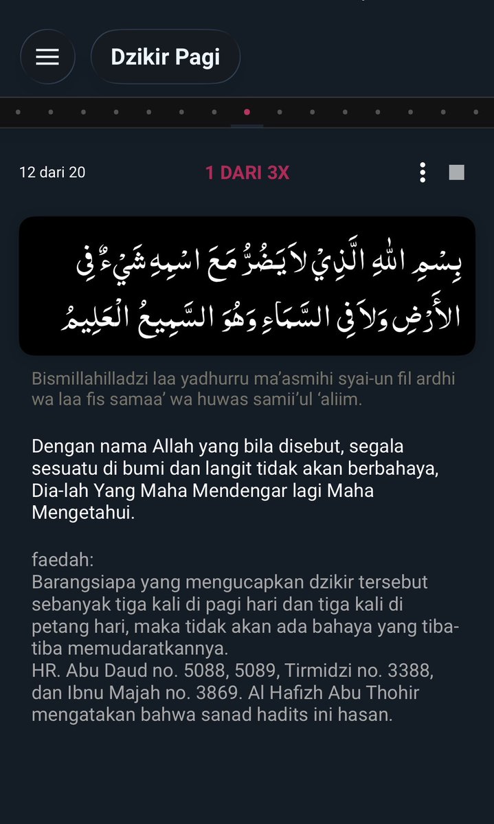 dan plis normalisasi biasakan dzikir pagi petang yaa🫶

salah satu dari dzikir pagi petang tuh ada bacaan ini. bagus banget. dan memang salah satu fungsi dzikir pagi petang adalah melindungi dr marabahaya biidznillah.

dzikir pagi petang bisa dibaca kapan dan dimana aja. waktunya