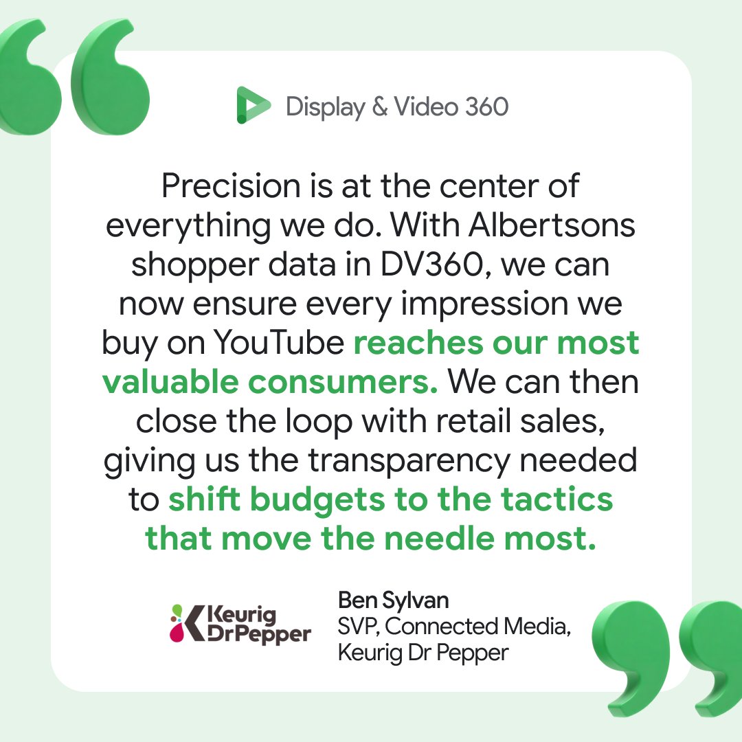 GMktgPlatform's tweet photo. 𝗜𝗻 𝗰𝗮𝘀𝗲 𝘆𝗼𝘂 𝗺𝗶𝘀𝘀𝗲𝗱 𝗶𝘁: We’re partnering with Albertsons Media Collective to bring Albertsons Companies’ shopper signals directly into Display & Video 360. Brands can activate retail audiences across YouTube and close the loop with SKU-level reporting. 🛒 + 📺

Hear how industry leaders like Ben Sylvan (Keurig Dr Pepper) plan to use these signals to drive real-world results. 👇

Read more here: https://t.co/DmZ3oY7A5j