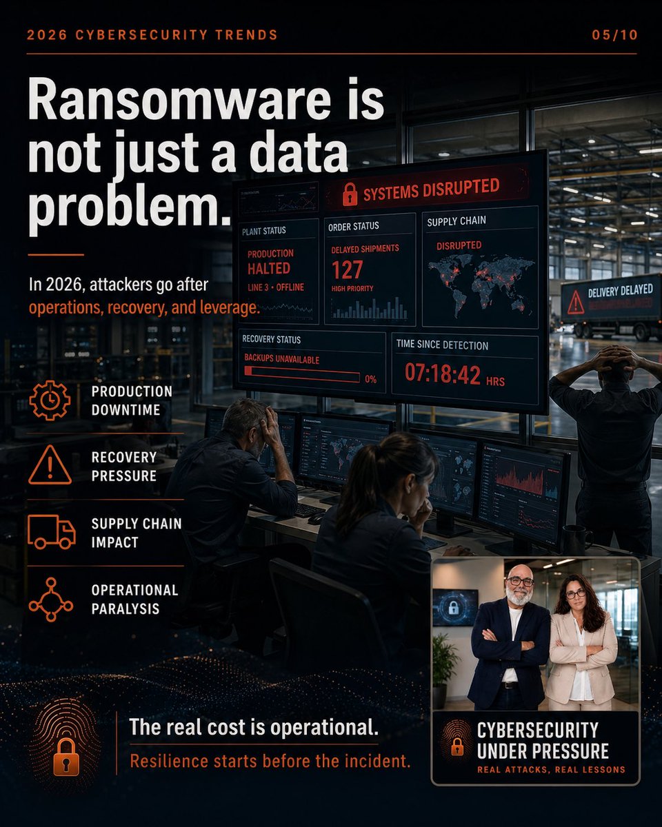 cyber_pressure's tweet image. Ransomware is not just a data problem.

The real cost is operational: stopped plants, delayed shipments, unavailable backups and executives asking when the business can run again.

In 2026, resilience starts before the incident.

#Cybersecurity #Ransomware #Resilience