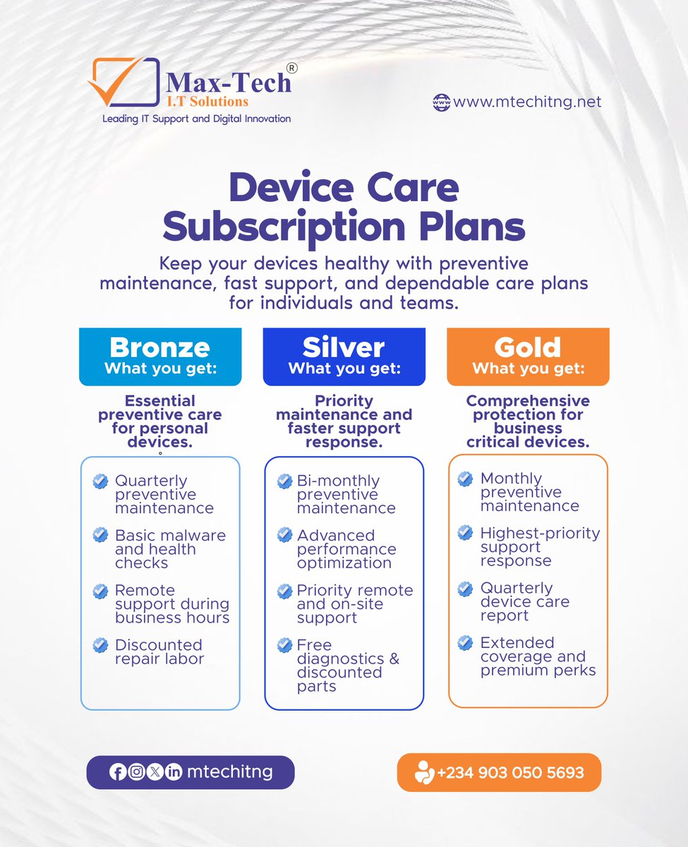 mtechitng's tweet photo. From basic → advanced → complete 💻

🥉 Bronze
🥈 Silver
🥇 Gold
Choose your level of protection with Max-Tech
✔ Preventive care
✔ Fast support
✔ Reliable performance

🌐 https://t.co/QeOvvshNgq
📞 +2349030505693

#maxtech #mtechitng #devicecare #itsupport #technalogia https://t.co/lqJ2ozyJGJ