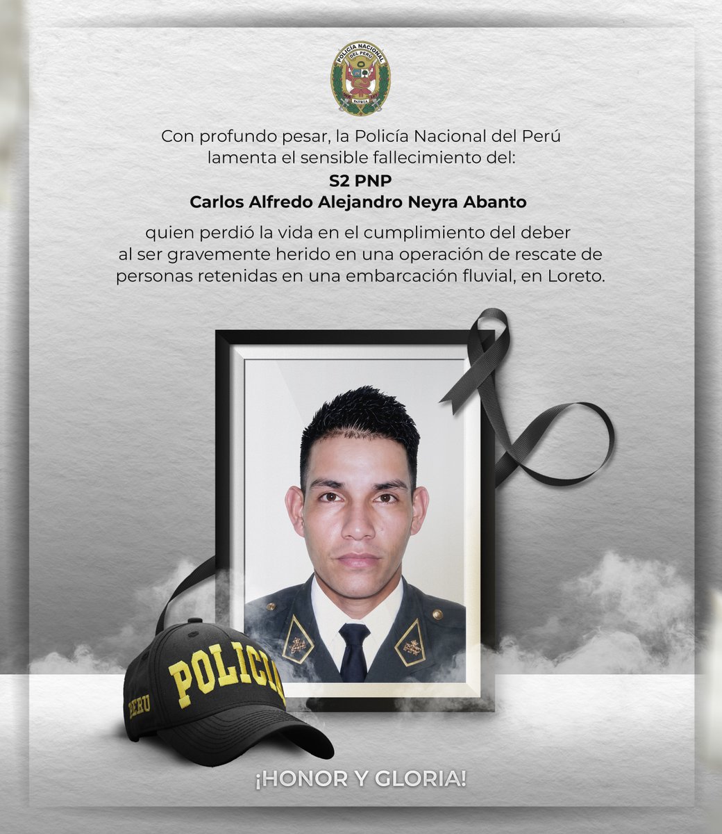 FPVRAEMOFICIAL's tweet image. #Lima | Honor hasta el último acto de servicio 🕊️🇵🇪
La PNP lamenta el fallecimiento de un suboficial en cumplimiento del deber durante una operación de rescate en Loreto.
Su valentía y vocación de servicio honran el uniforme.
#HonorYGloria #HéroePNP