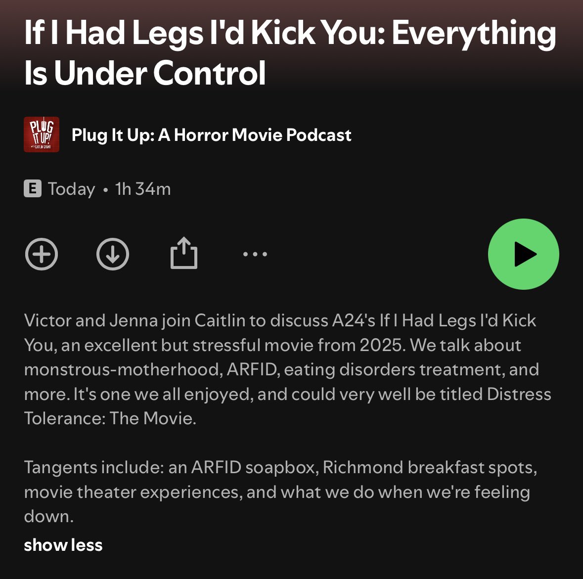 plugituppod's tweet photo. The new episode is up! Find it wherever you get your podcasts. Big thanks to Victor and Jenna for joining to cover If I Had Legs I’d Kick You #ifihadlegsidkickyou #arfid #horror https://t.co/yw0m9XvWku