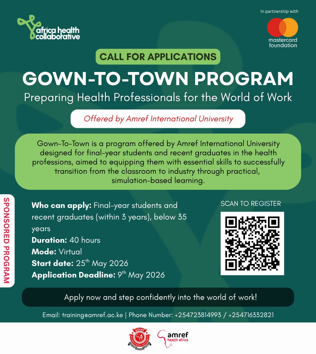 AmrefUniversity's tweet image. 🚨 Applications are OPEN!
Join the Gown-To-Town Program by Amref International University in partnership with @MastercardFdn  and gain practical skills to transition into the workforce.

📅 Starts: 25 May 2026
⏳ Deadline: 9 May 2026
Apply today.

#GownToTown #ApplyNow #AMIU
