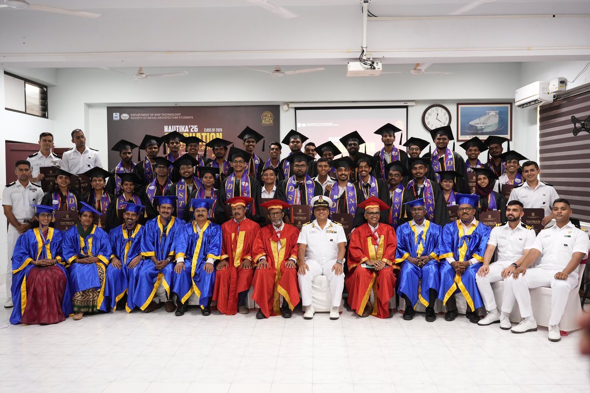 IN_HQSNC's tweet photo. Next Generation of Naval Architects⚓
The Graduation Ceremony for the 47th BTech (Naval Architecture and Shipbuilding) and 30th MTech (Computer Aided Structural Analysis and Design) batches was held on #25Apr 26. Cmde Shishir Dixit, CSO (Tech), HQSNC attended the event as the Chief Guest, in the presence of Dr. Junaid Bushiri, Vice Chancellor, CUSAT. 07 Officers of Naval Architecture Course from Naval Construction Wing, #Kochi, successfully completed the course. The rigorous academic programme blends theoretical knowledge with practical design expertise, shaping the next generation of #NavalArchitects.
#IndianNavy
#ShipDesign