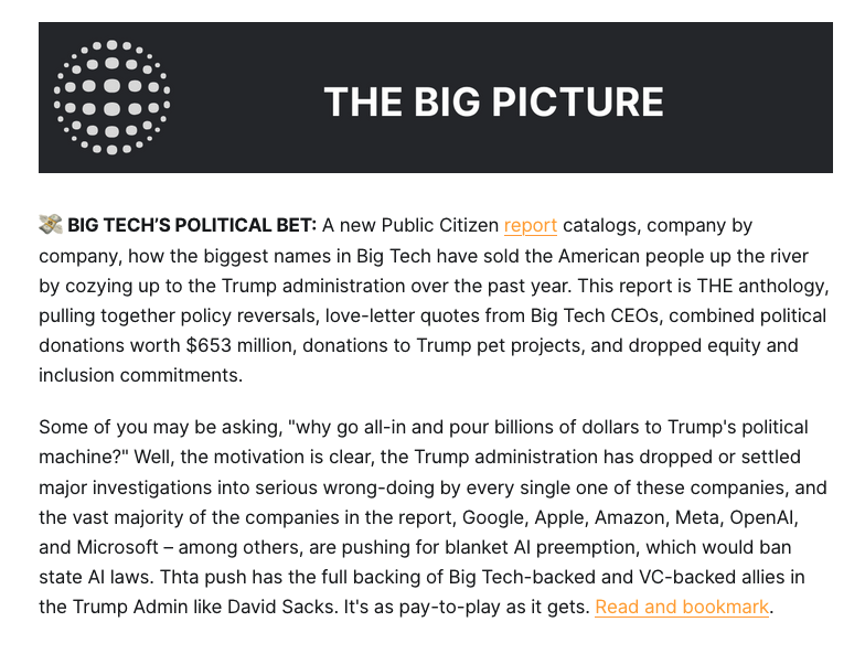 Tech_Oversight's tweet photo. $653 million in political donations. $200,000 a day in lobbying. 307 lobbyists — more than 1 for every 2 members of Congress.

You don't spend like this when the public is on your side. You spend like this when you need to buy the referees. Read this week's Dispatch for more. https://t.co/xognP61YGn
