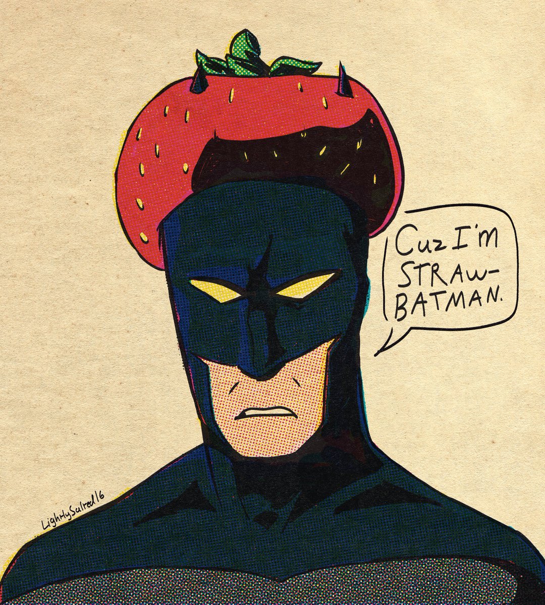 LightlySalted16's tweet photo. batman if he had a strawberry hat https://t.co/p6zmvP2r1K