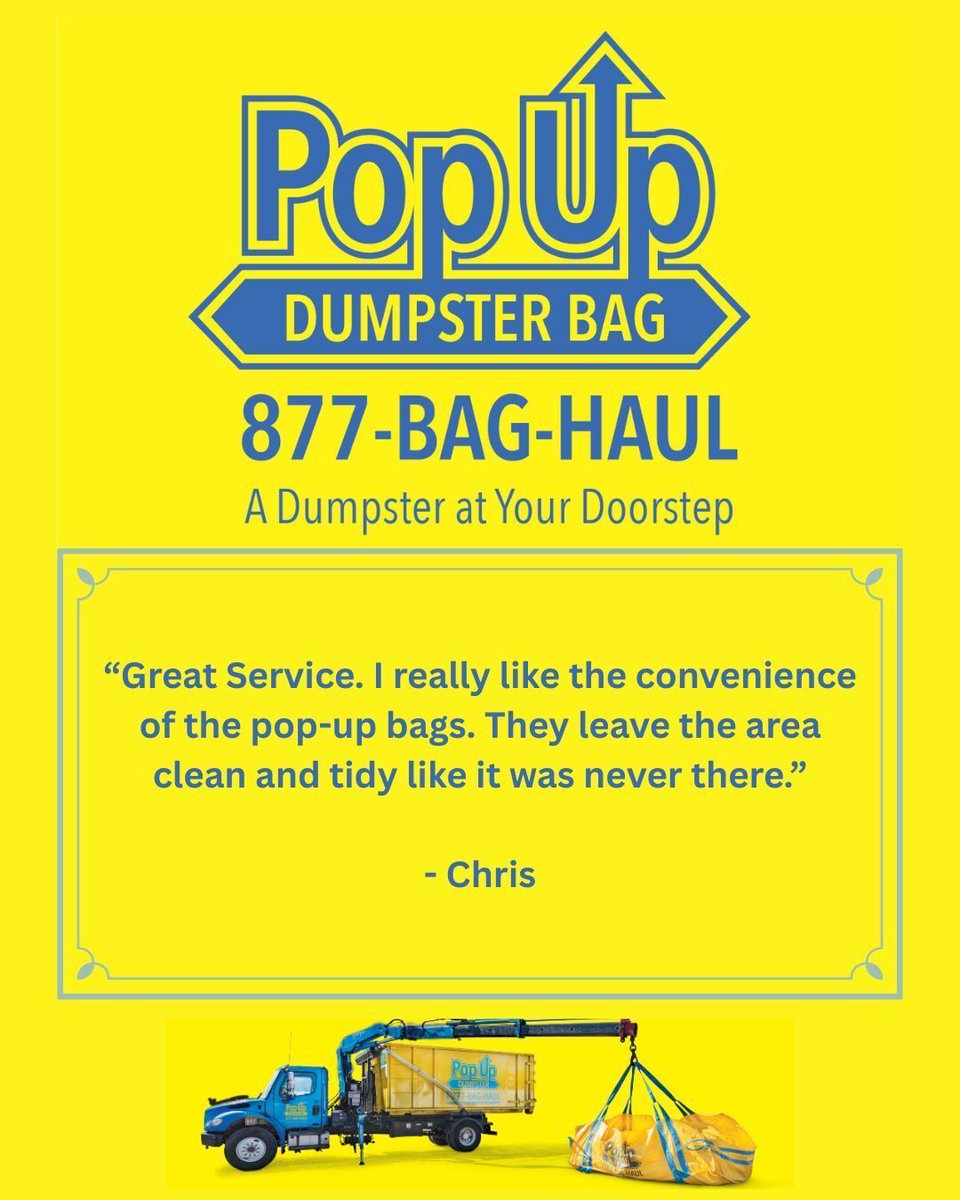 pop_up_dumpster's tweet image. #testimonialtuesday

Another happy customer!!

Pop Up Dumpster Bag
popupdumpsterbag.com
support@popupdumpsterbag.com
877-BAG-HAUL (224-4285)

#dumpster #dumpsterbag #crane #declutter #wolverine #junkremoval #debris #baghaul #cleaning #popup #amazon #hardware
