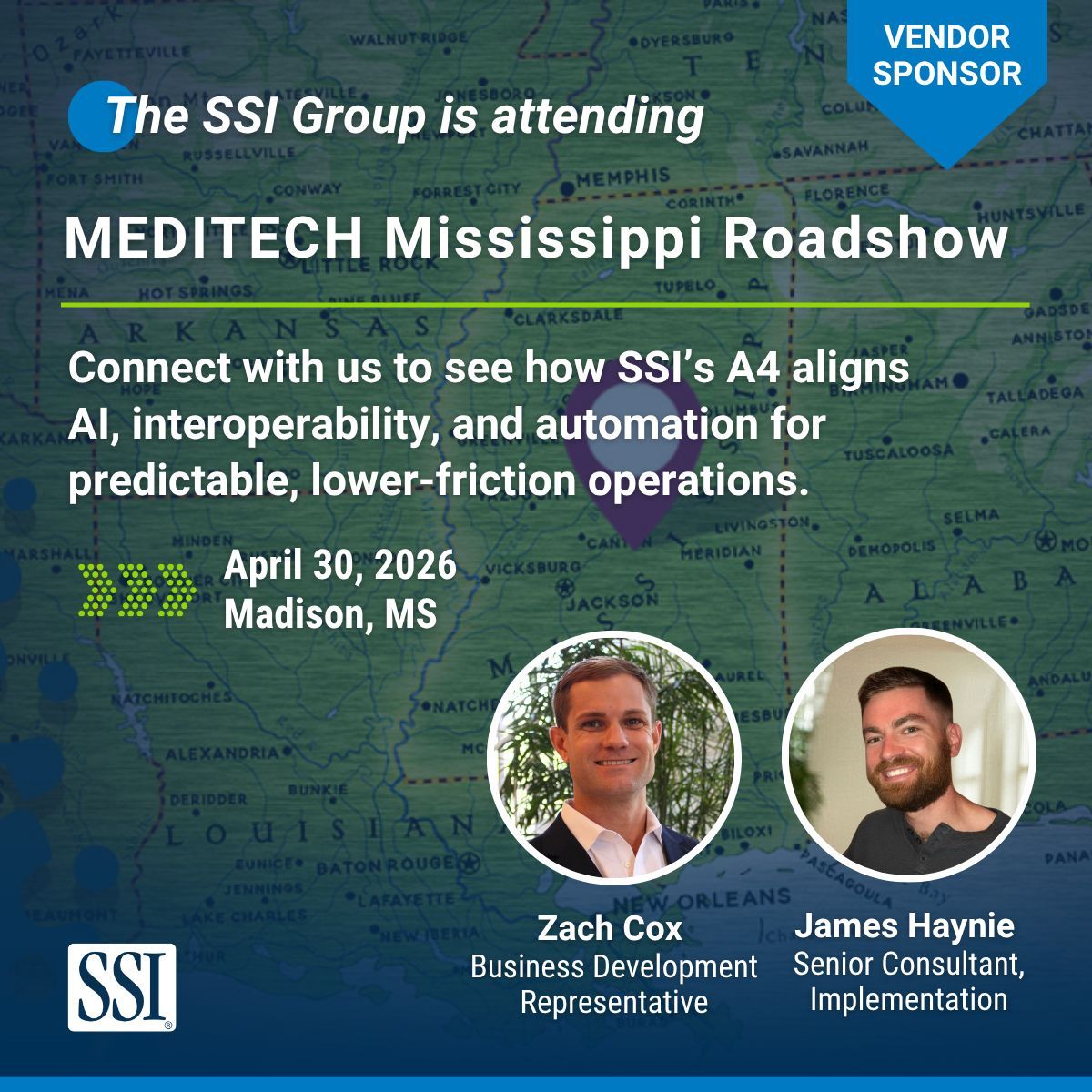 TheSSIGroup's tweet image. We’re excited to exhibit at the MEDITECH Mississippi Roadshow to connect with fellow industry peers, exchange strategies, and explore how SSI’s A4 supports coordination that moves teams toward more predictable, lower‑friction operations.

 #MEDITECH #HealthcareFinance #EDI
