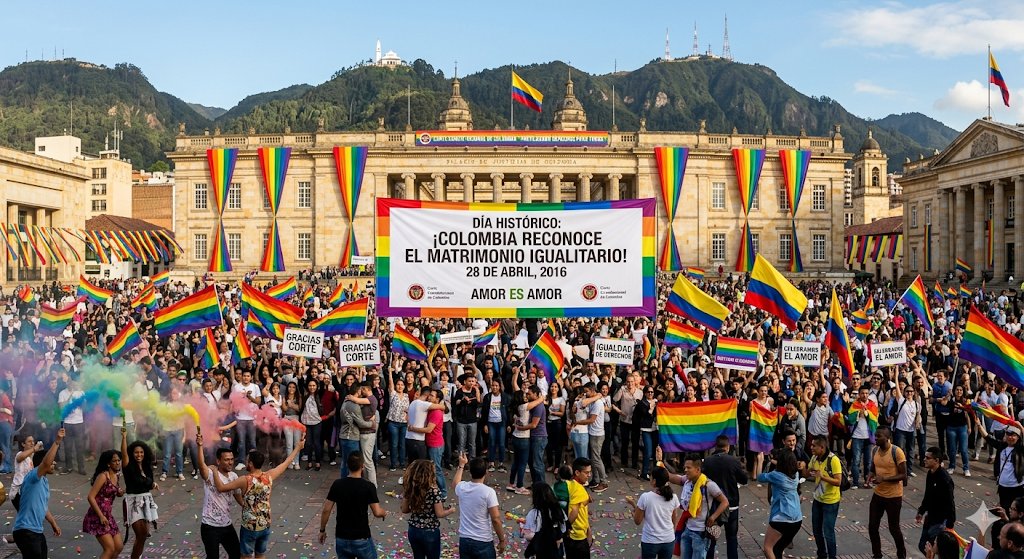 hombresgaycol's tweet photo. #UnDiaComoHoy El 28 de abril de 2016, la Corte Constitucional de Colombia legalizó el matrimonio igualitario, reconociendo la igualdad de derechos para parejas del mismo sexo tras años de lucha activista. 

Este hecho histórico es un hito para la comunidad LGBTQ+ https://t.co/RdZ2ldOOaM