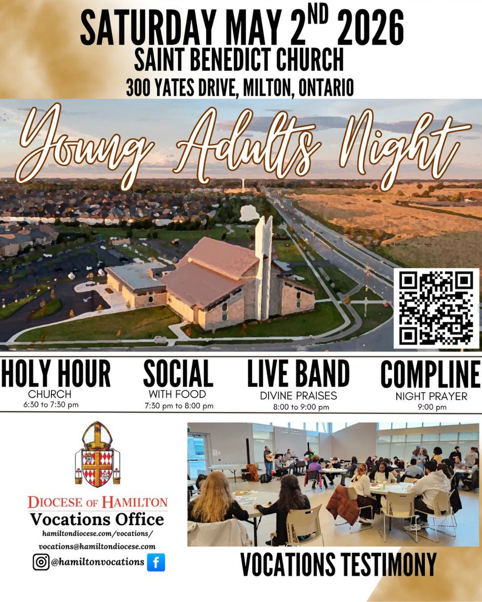 DioceseHamilton's tweet photo. Fr. Mark Morley invites all young adults (20s & 30s) from across the Diocese of Hamilton to gather for an inspiring evening of prayer, fellowship, and praise.
📍 St. Benedict Parish, Milton
📅 Saturday May 2, 2026
#HamiltonDiocese #CatholicYoungAdults https://t.co/ag17QwtUtE