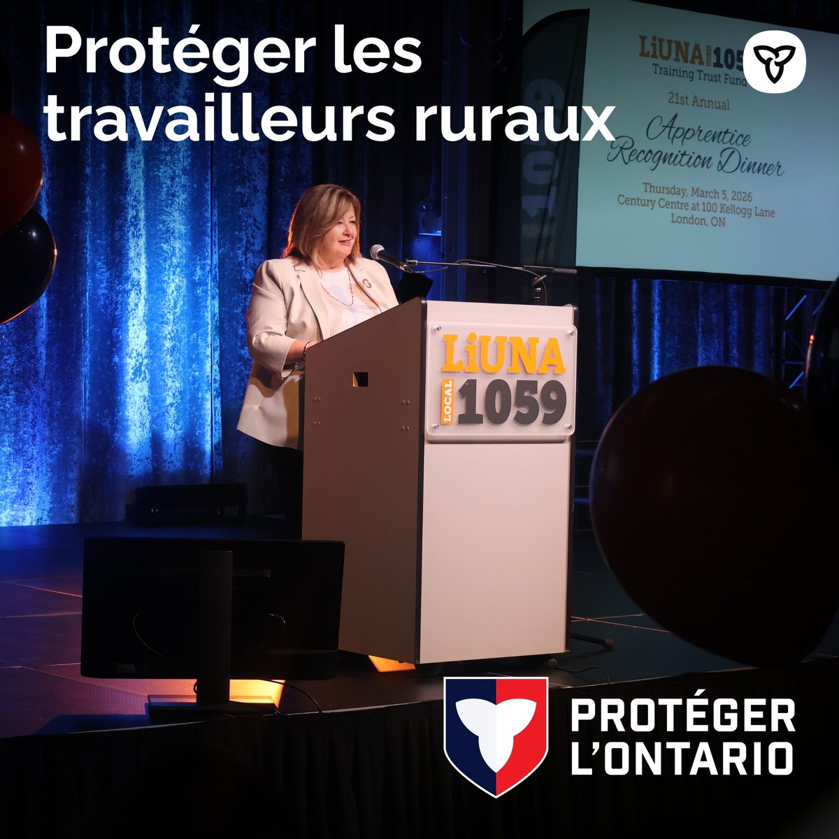 Les travailleurs qualifiés sont essentiels pour les logements, les entreprises et les infrastructures menant à la prospérité de l’Ontario rural.

La ministre Thompson s’est réjouie de parler avec les diplômés de LiUNA 1059 au sujet des possibilités dans l’Ontario rural.