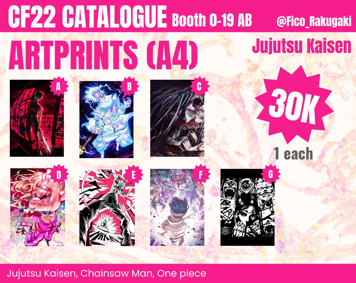 Fico_Rakugaki's tweet photo. [❤️&amp;🔁 appreciated]

FICO'S #Comifuro22 CATALOGUE!!!
Fandoms: Jujutsu Kaisen, Chainsaw Man, One Piece
📍Booth: 0-19 AB Day 1

It's my first time boothing! See you all!!!
#Comifuro22Catalogue #CF22 https://t.co/CErMyLO6Hv
