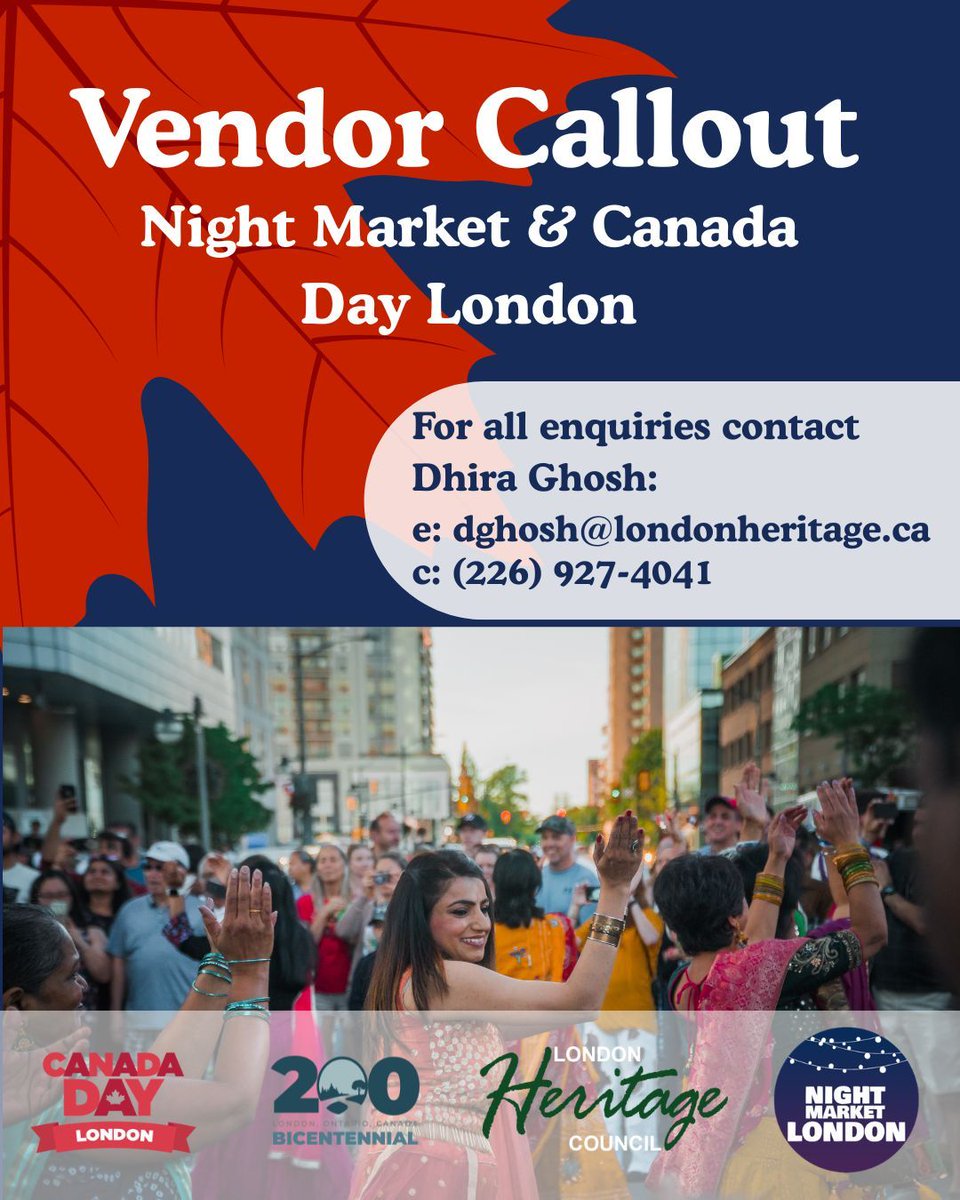 Theres only 3 days left to apply to be a vendor at this year's Canada Day London celebration! Don't miss out on your opportunity to be a part of this years downtown Bicentennial celebration!!!
Contact Dhira Ghosh at dghosh@londonheritage.ca to apply today!
 #CanadaDay #London200